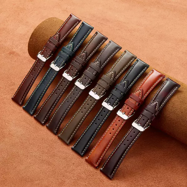 Cross-Border New Spot Oil Wax Leather Genuine Leather Watch Strap Bright Universal First Layer Retro Watch Strap Accessories Pin Buckle