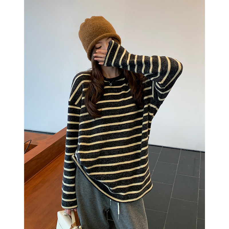 阿一 奶盐奥利奥慵懒风打底衫女秋季磨毛宽松黑白条纹长袖T恤上衣|undefined