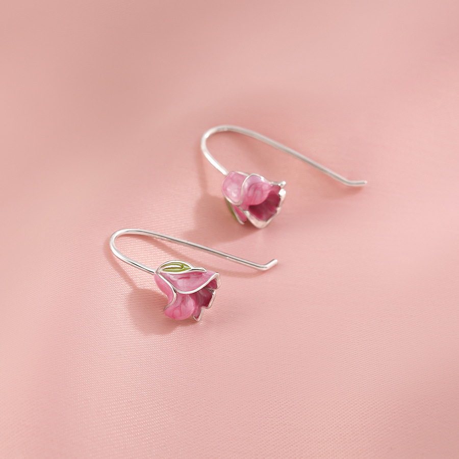 S925 Silver Retro French High-end Ear Hook Elegant Sweet Flower Earrings Romantic Pink Tulip Earrings for Women