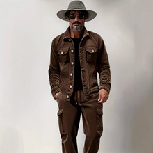 现货亚马逊速卖通复古男式长袖灯芯绒夹克裤套装