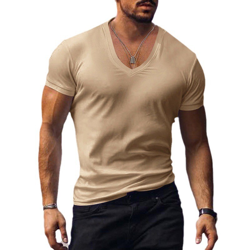 Men's Slim Fit V-neck T-shirt Solid Colour Casual Summer Style_voghion.com