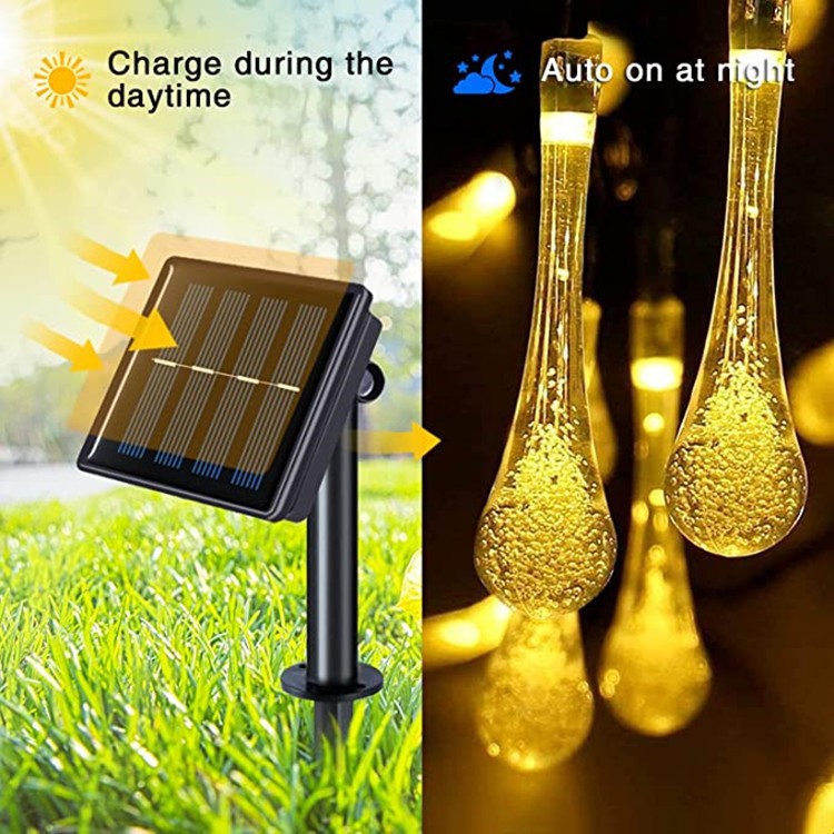 Transfronterizo Amazon LED solar gota de agua Cadena de luz al aire libre patio Navidad vacaciones decoración gota de agua forma luces de colores