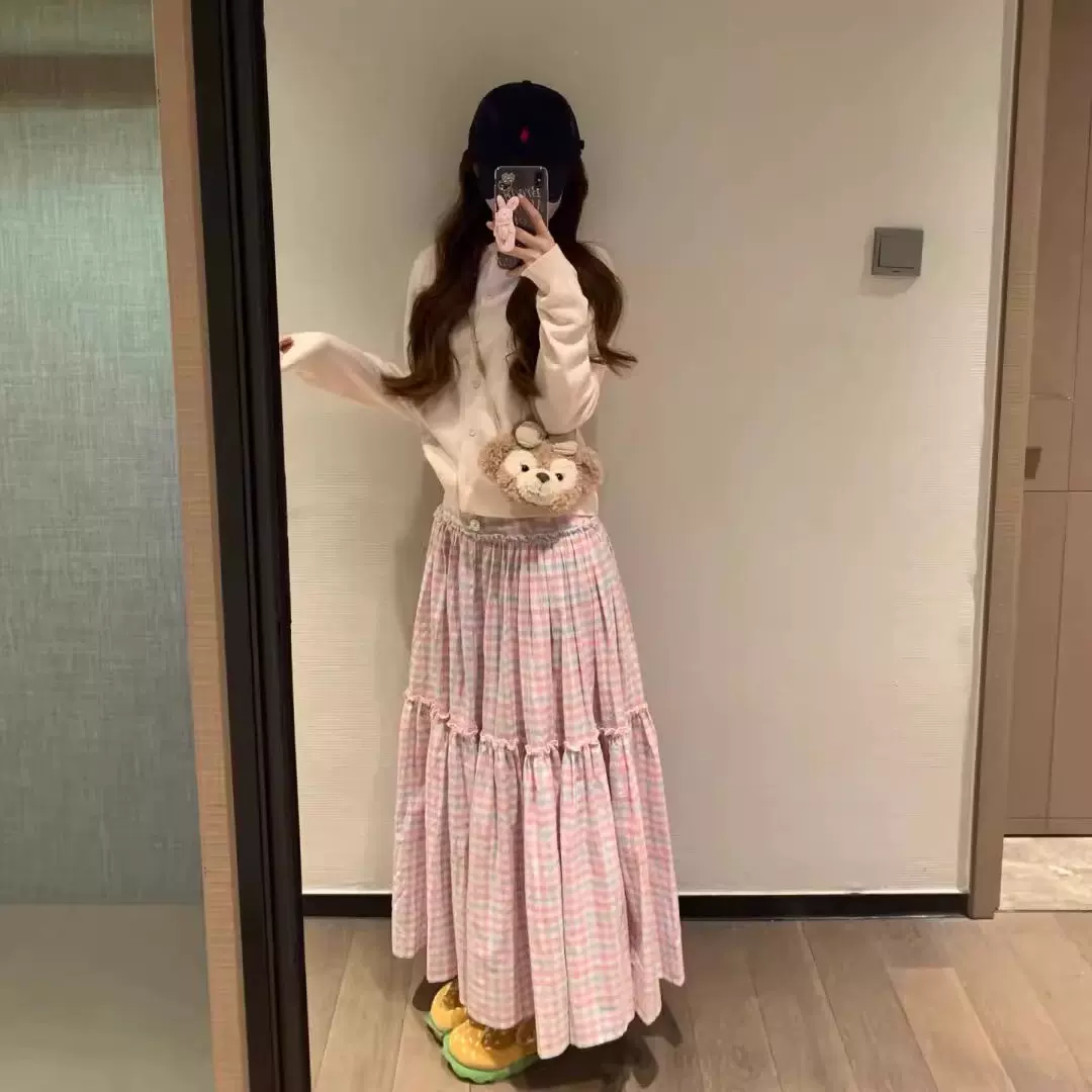 子复古半身裙长裙女长款裙格子显瘦撞色小个子宽松新款大摆裙夏季