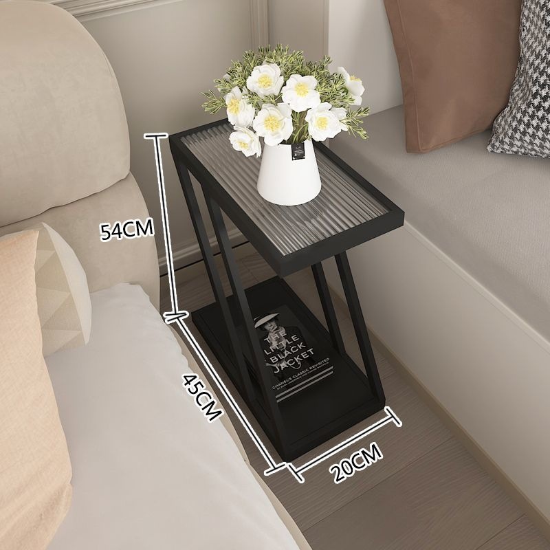 Estante de almacenamiento al lado de la cama de dormitorio pequeño sofá estrecho sala de estar mesa de té de vidrio en forma de Z mesa