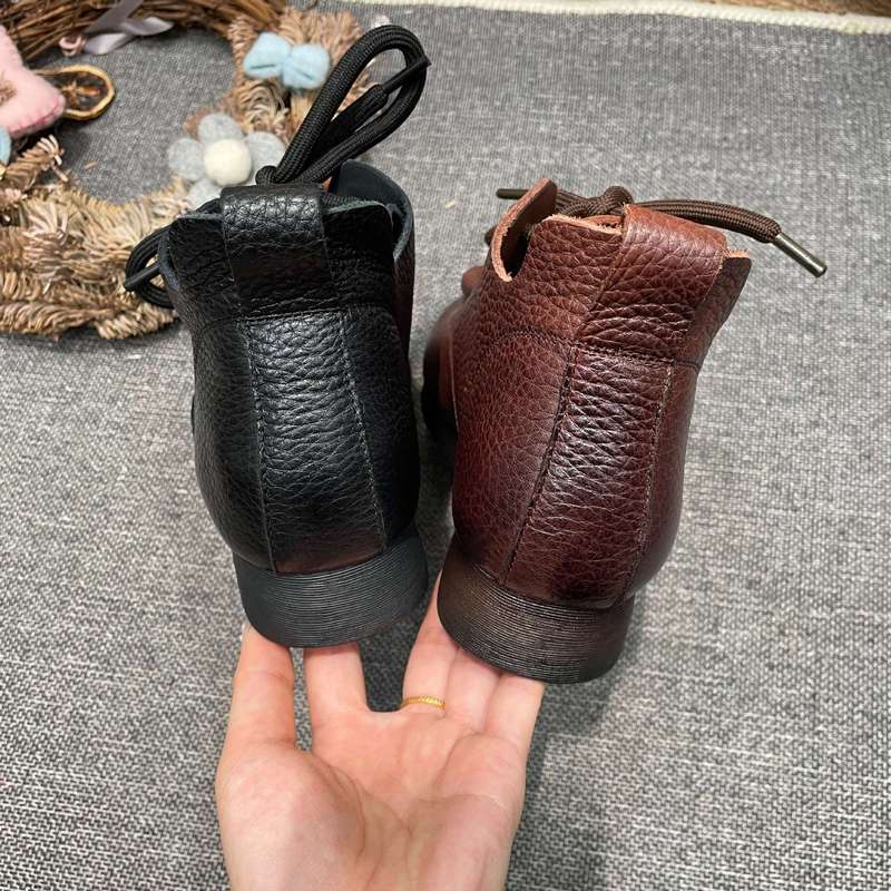 秋季上新复古森系单鞋休闲棉麻风短靴头层牛皮系带靴子妈妈鞋|undefined