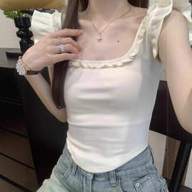 夏季纯欲风辣妹小飞袖t恤女荷叶边方领短款露背修身显瘦纯色上衣