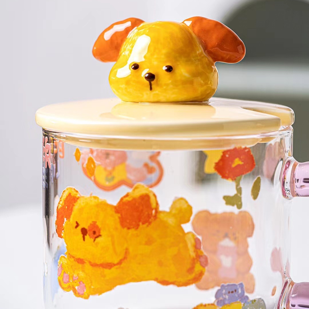 Creativo de dibujos animados animal de vidrio con tapa cuchara oficina taza de beber personalidad de alta apariencia lindo desayuno taza resistente al calor