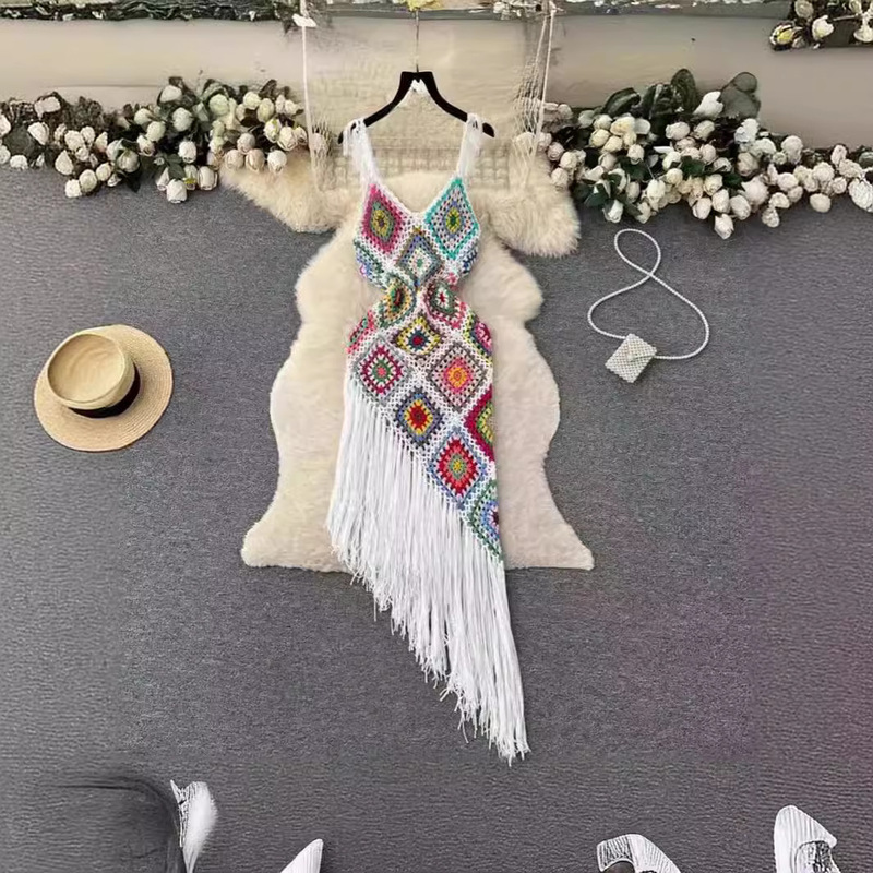 Bohemian Ethnic Style Holiday Dress Women's Niche Design Sense Irregular Hollow Crochet Tassel Sling Dress Bohemian Ethnic Style Holiday Dress Women's Niche Design Sense Irregular Hollow Crochet Tassel Sling Dress