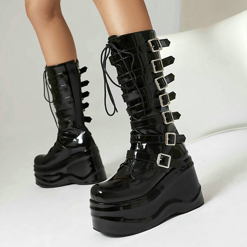 Women's High Boots Punk Style Thick-soled Wedge High-heel Front Lace-up Women's Knee-high Boots with Belt Buckle but Knee-high Boots