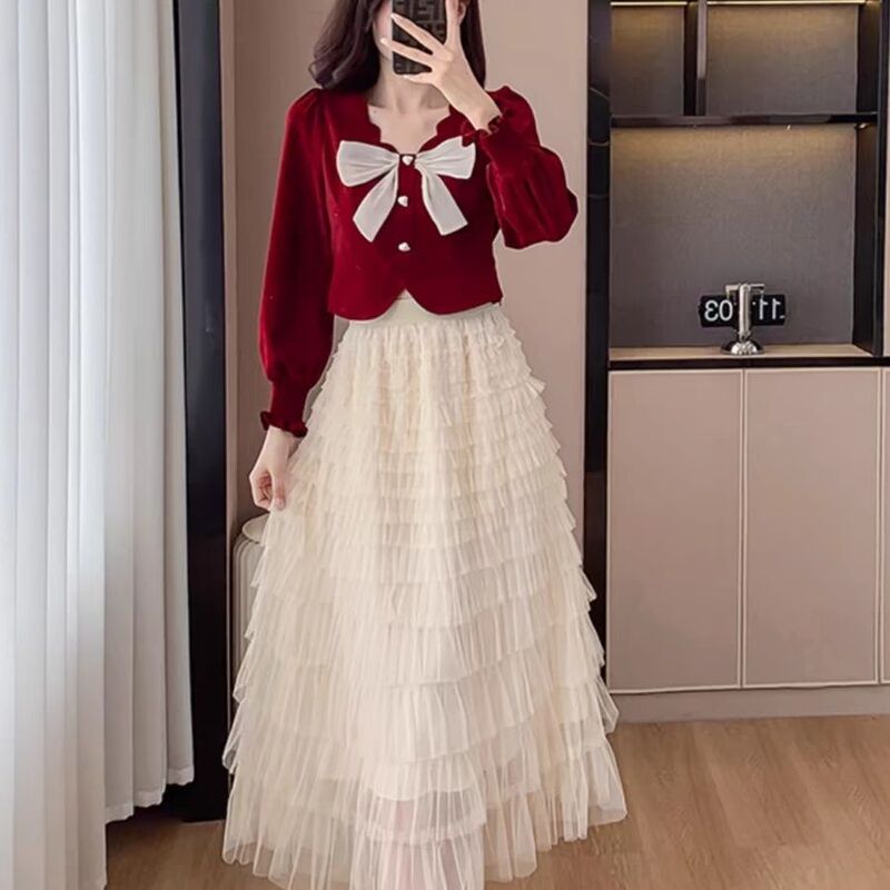 秋套装女小个子穿搭一整套小香风上衣服层层网纱蛋糕半身裙两件套|undefined
