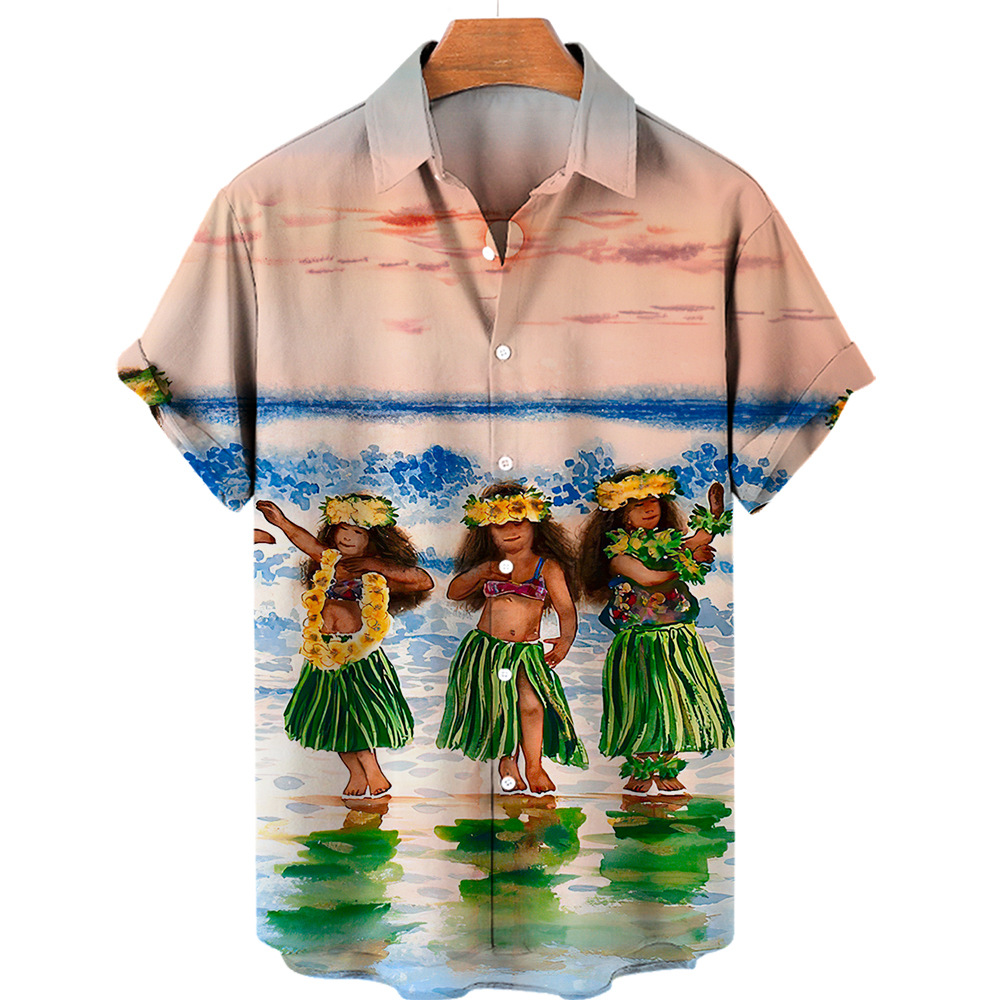 Loose Fit Type Wholesale Men's Vacation Cartoon Landscape Short Sleeve Printing Men's Tops