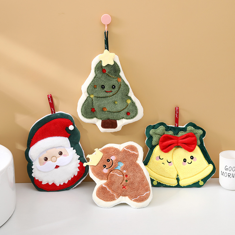 擦手巾挂式可爱圣诞系列擦手小毛巾卡通珊瑚绒加厚吸水厨房洗手巾