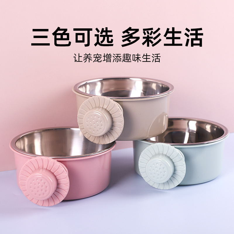 En stock al por mayor anti-golpe fijo colgante perro tazón de acero inoxidable bebedero para jaula de perro dos en uno Pet Bowl