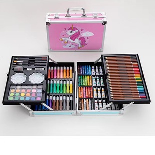 Children's Stationery Colorful Pen Gift Box 145 Pieces Double-Layer Aluminum Box School Season Painting Set Brush Watercolorful Pen Colorful Pen