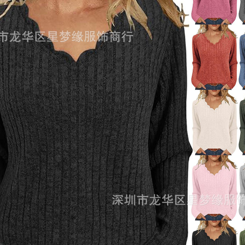 Cross-Border Amazon Women's Casual Pure Color Lace V Neck Long-Sleeved Versatile Top Spring & Fall Knitwear V Neck Long-Sleeved