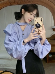 紫罗兰灯笼袖衬衫女春秋设计感小众复古法式气质系带百搭衬衣上衣