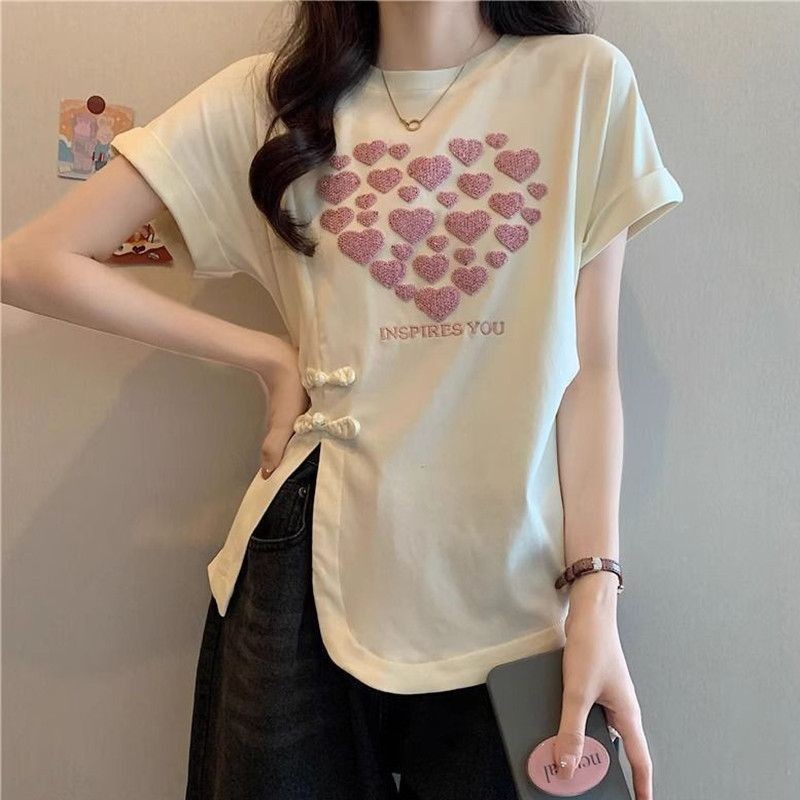 Tamaño grande 2024 nueva camiseta de manga corta de verano con sentido de diseño irregular Las mujeres gordas mm cubren el vientre y se adelgazan image 5