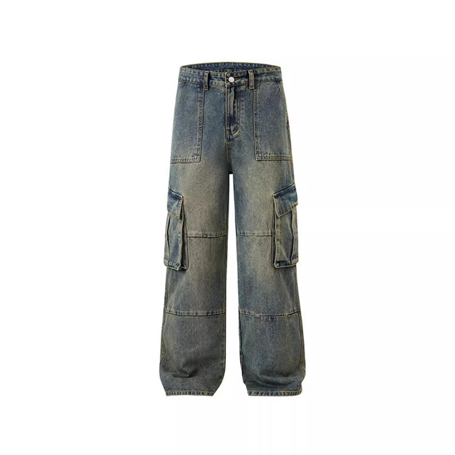 Vintage Washed Patchwork Cargo Wide Leg Jeans, Men's American High Street Loose Straight Streetwear Denim Pants_mkmklike.com