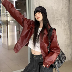 美式复古红色翻领皮衣外套女高级感秋季新款甜酷宽松夹克短款上衣