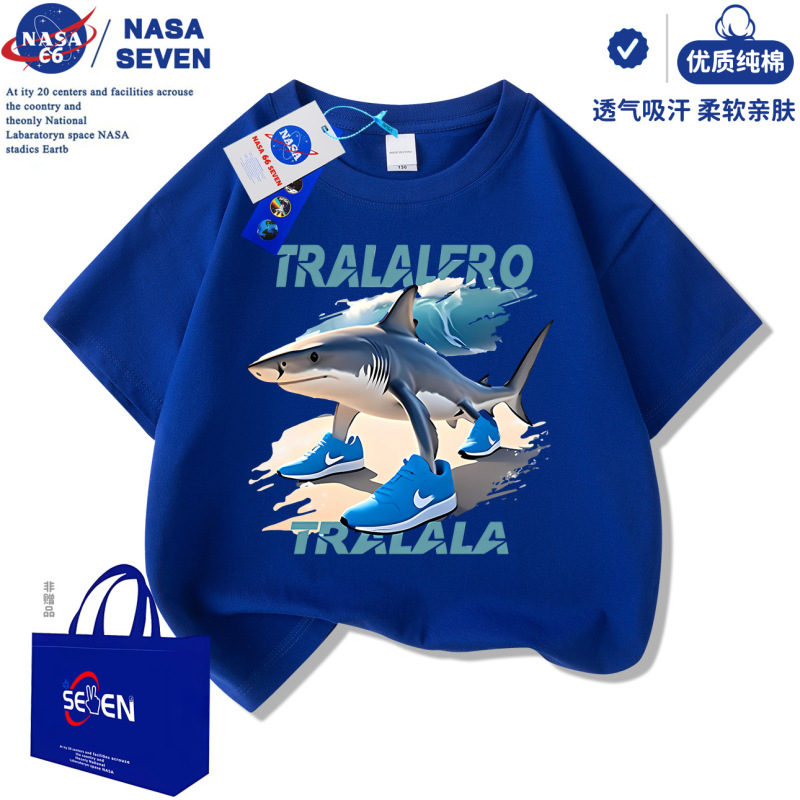 NASA アメリカの山と海の経典 純綿 Tシャツ 子供用 夏新作 忍者サメ 半袖 男の子 トップス|undefined