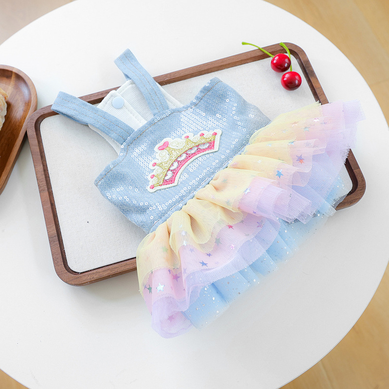 宠物圈厂家批发狗狗猫猫服装服饰刺绣牛仔蓬蓬裙新款彩虹皇冠纱裙|undefined