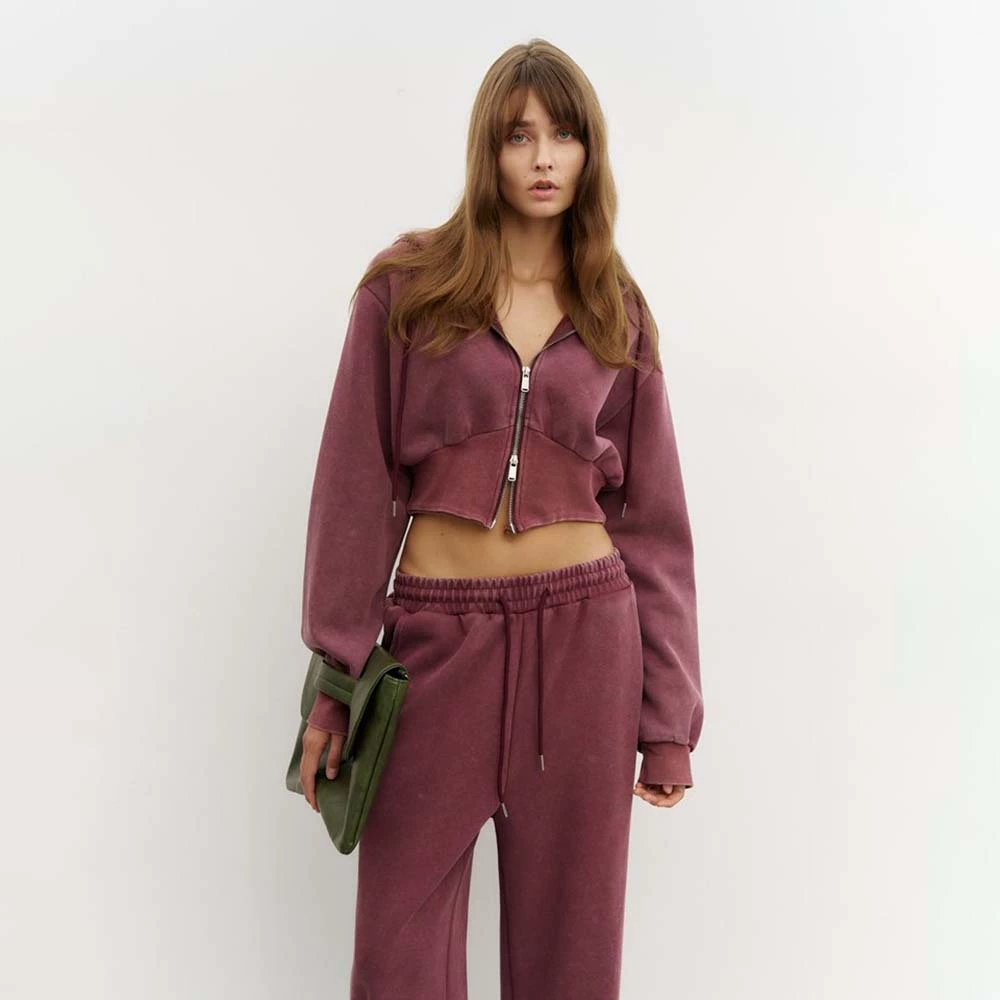 Cropped hooded sweatshirt and casual trousers set, women, 80% cotton, autumn retro style