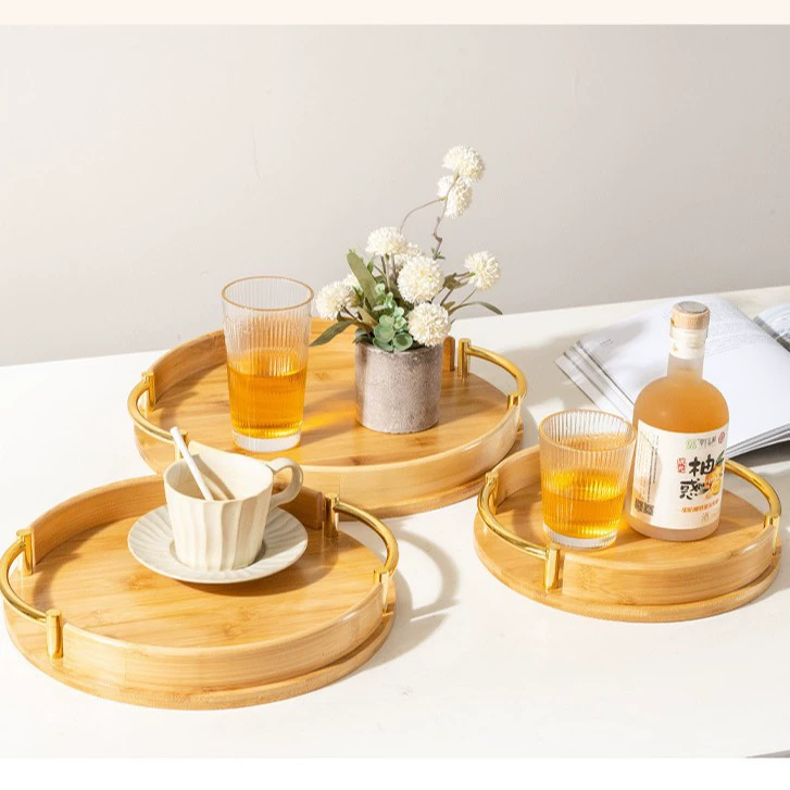 Bamboo serving tray, round with handles, wood‑tone finish, 25/30/35 cm