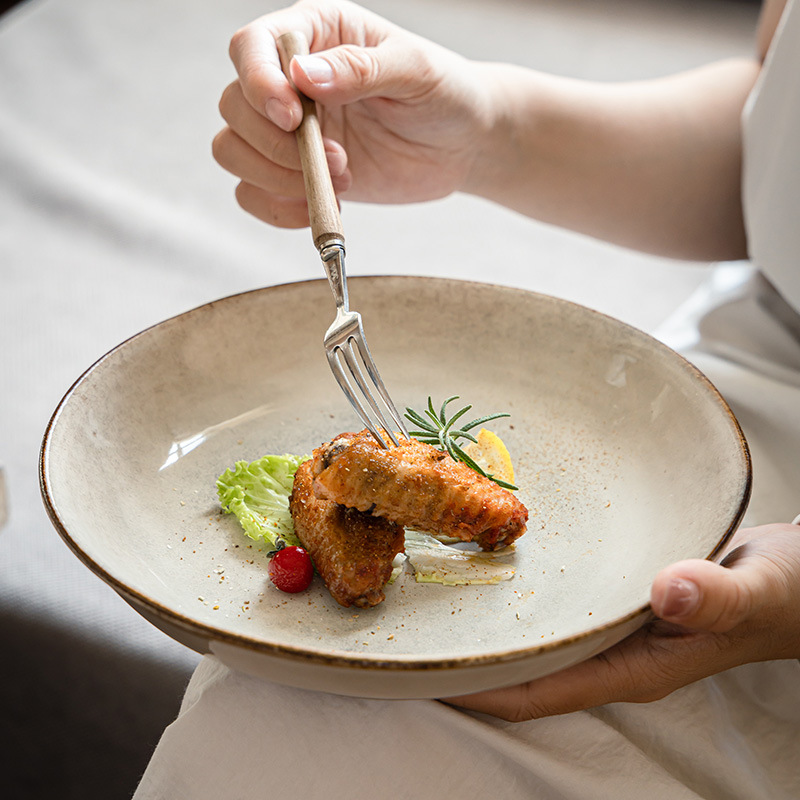 Hacer viejos tazones de cerámica poco profundos estilo japonés retró abierto tazón redondo casero tazón de pasta tazón de postre tazón de ensalada