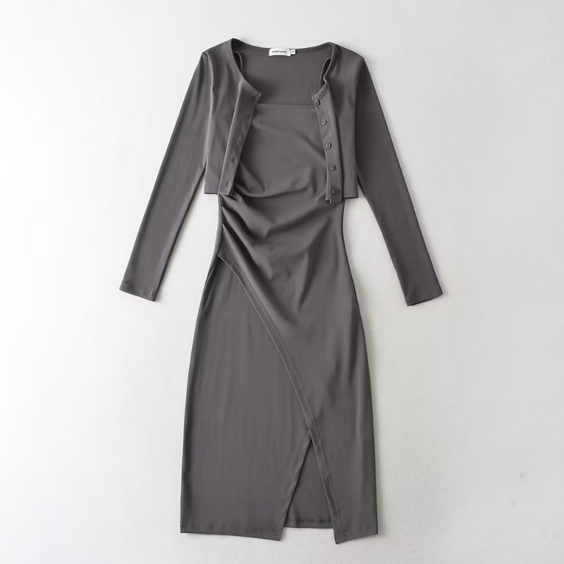 color sólido Chaqueta de punto de manga larga con un solo pecho conjunto de vestido con abertura NSXDX135756