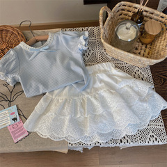 Korean Children's Summer 2024 New Bubble Sleeve Short-Sleeve T-Shirt and Lace Skirt Two-Piece Set