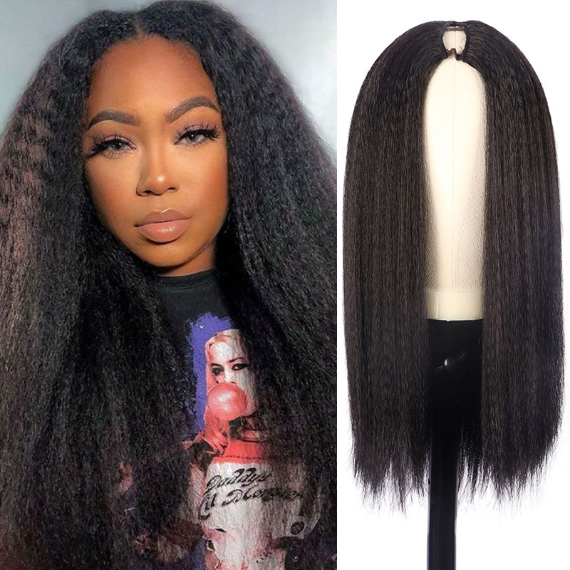 Xuchang Export European and American Fashion Wig Yaki Silk Women's Black Long Straight Hair V-Shaped Elastic Half-Head Wig Piece