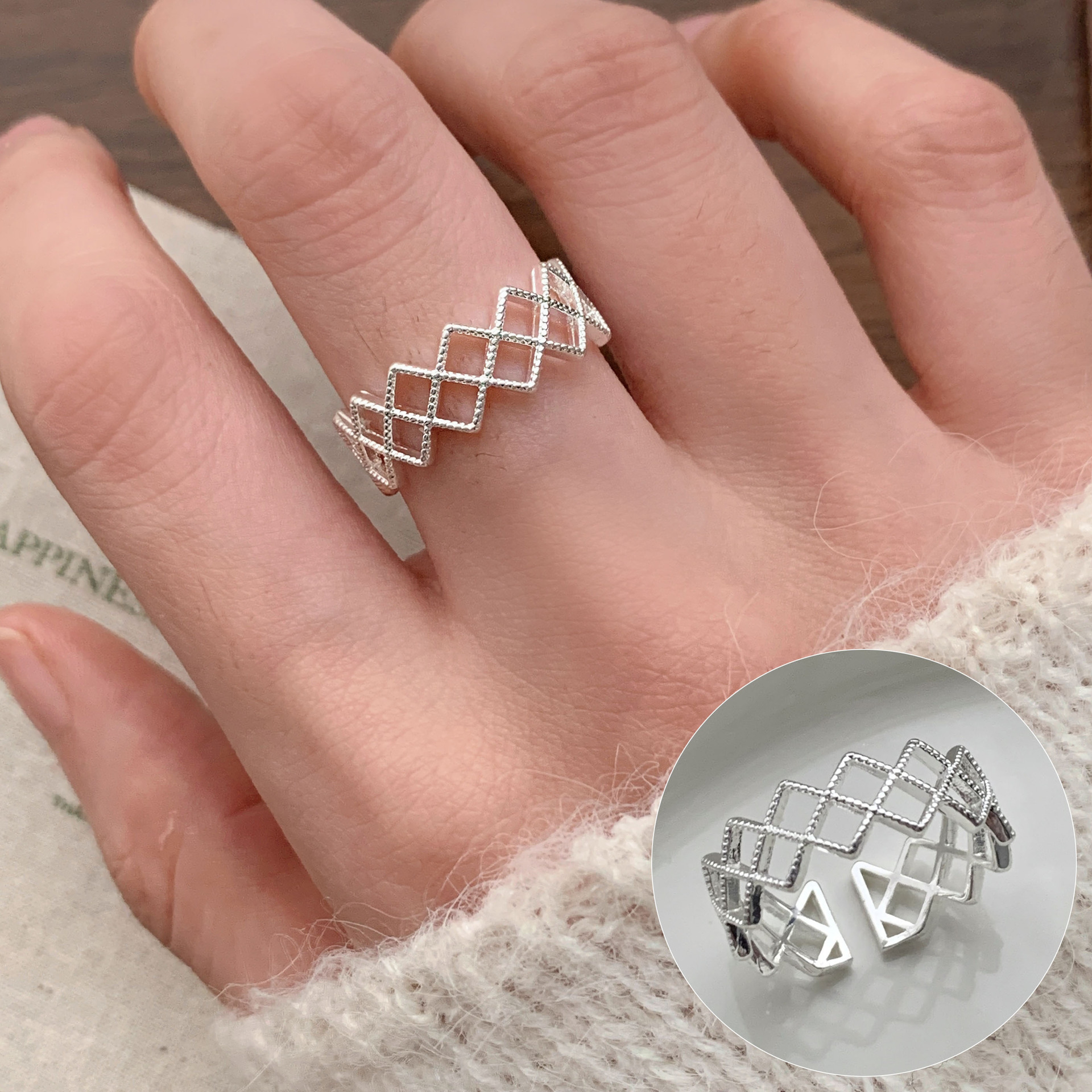 幾何学的な線の交差指輪の女性の冷たい風のシンプルなファッションS925銀メッキの口の指リングins風の指の指輪
