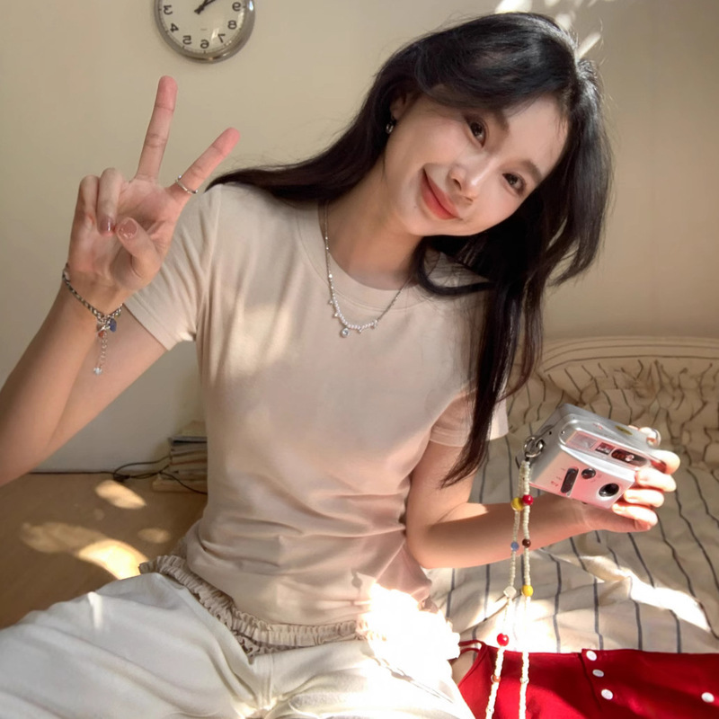 Ballet Style Lace Hem Round Neck Short-sleeved T-shirt Women's Spring and Summer New Pure Desire Style Slim-fit Slim-fit Design Sense Top