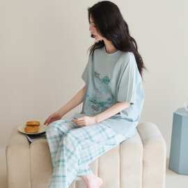 纯棉短袖长裤女生睡衣套头休闲可外穿全棉短长家居服妈妈长袖睡衣