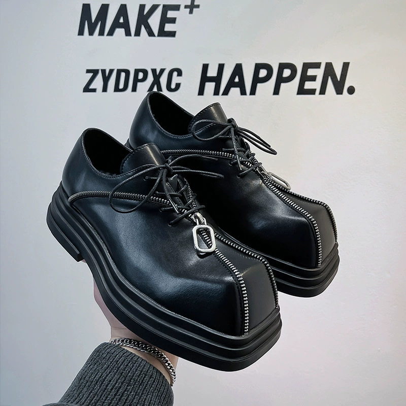 Новые мужские туфли с толстой подошной квадратной головой кожаные туфли мужские повышенные панк персонализированный дизайн молнии Дерби кожаные туфли трендовые туфли