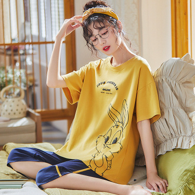 pajamas Short sleeved Korean Edition Easy Home Furnishings lovely lady Cropped Trousers Exorcism motion suit Spring