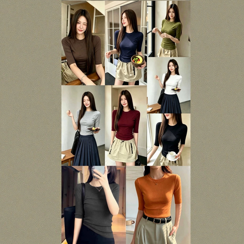 2026 New Autumn Small Round Neck Mid-Sleeve Slim Fit Simple Versatile Elegant Breathable Top
