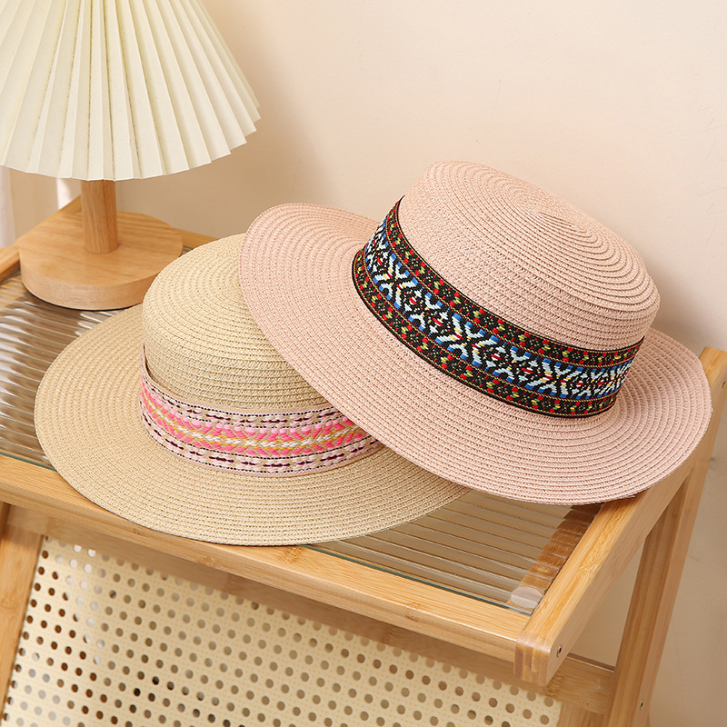 Vintage Straw Sun Hat For Beach Bohemian Flat Top Sun Protection_voghion.com