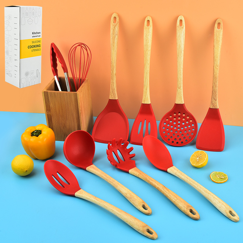 厂家批发木柄硅胶厨具10件套带收纳桶厨房硅胶铲厨房用具烘焙套装|ru