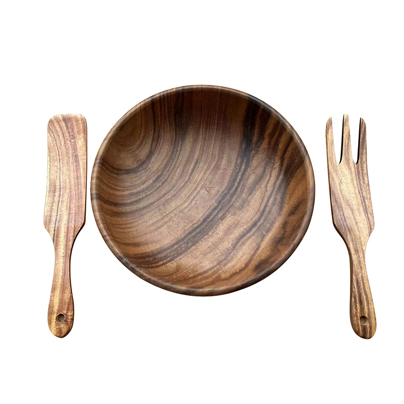 相思木24cm大号木碗沙拉碗搅拌器三件套装木制叉子色拉搅拌叉