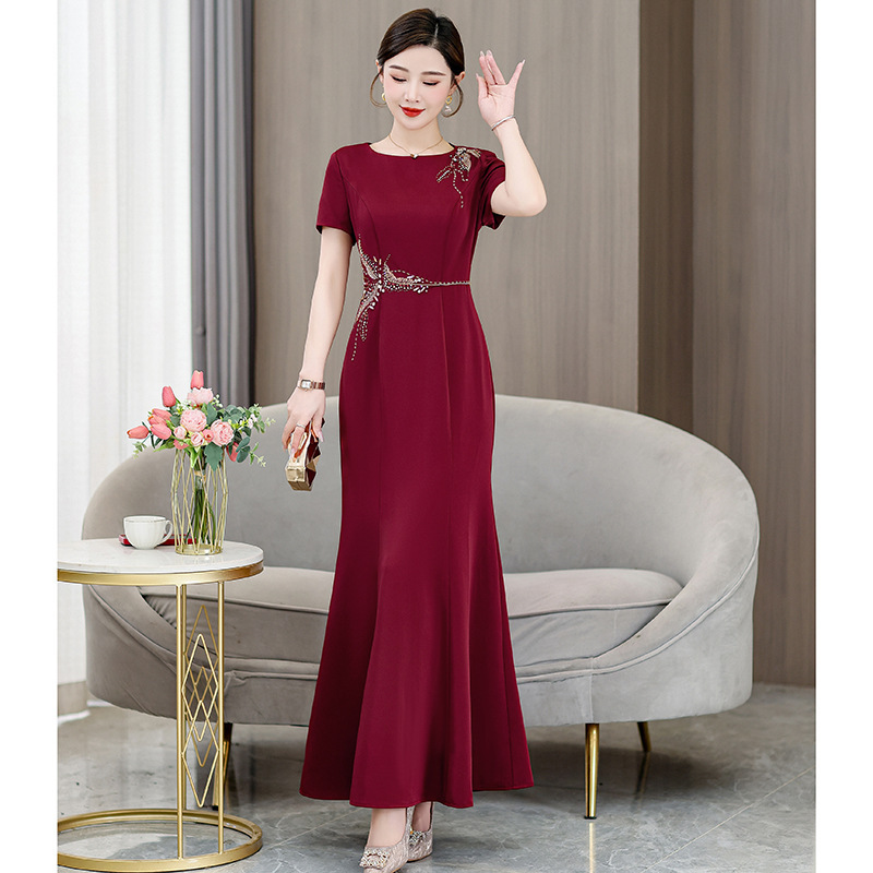 Chinese Style Elegant Wedding Dress Dress 2024 Summer New Mother Dress Heavy Industry Beaded wine red dress