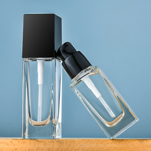 Glass liquid foundation refill bottle, push-type lotion bottle, square transparent cosmetic spray empty bottle, portable sample bottle