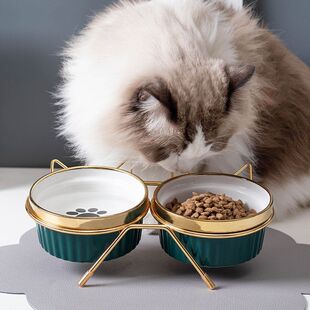Light Luxury Ceramic Cat Bowl, Double Bowl, Dog and Cat Food Bowl, Pet Drinking Water All-In-One Rice Bowl, Food Bowl to Protect Cervical Spine and Prevent Overturning