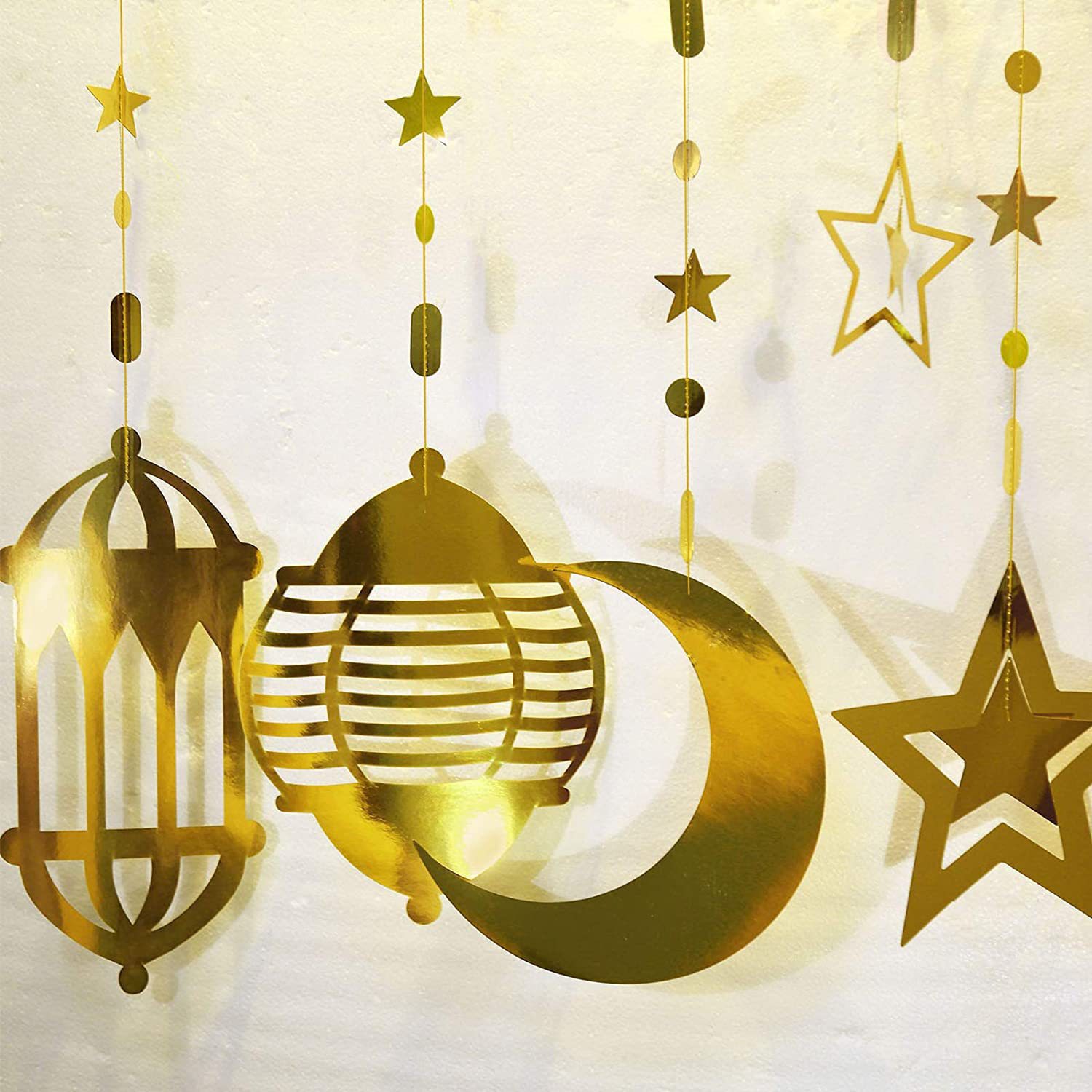 Cross-Border Middle Eastern Festival Mirror Gold Latte Art Lanterns Stars and Moon Decorative Paper String Latte Art Home Decoration Props
