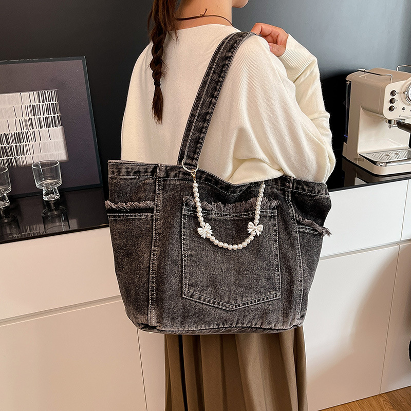 Korean Retro Washed Denim Tote Bag For Women, Large Capacity Casual Shoulder Underarm Bag, Lazy Style Commuter Handbag - Thumbnail 3