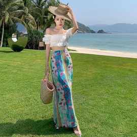 度假风晕染碎花侧开叉半身裙夏季新款小众设计感油画印花沙滩长裙