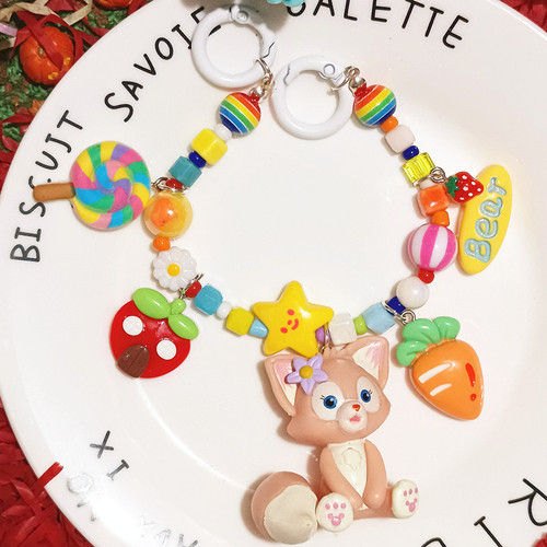 Crystal Colorful Beaded Cute Little Fox Alice Phone Chain Bag Pendant Keychain Back Clip Chain Exquisite Craftsmanship Hanging Chain