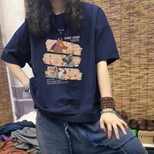 藏青色大码短袖短袖T恤女夏季新款宽松小众设计感中长款上衣ins潮