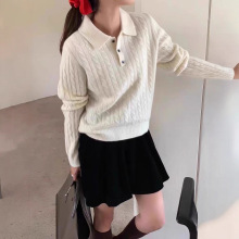 韩系温柔风polo领麻花毛衣女秋冬新款宽松显瘦百搭针织衫上衣女