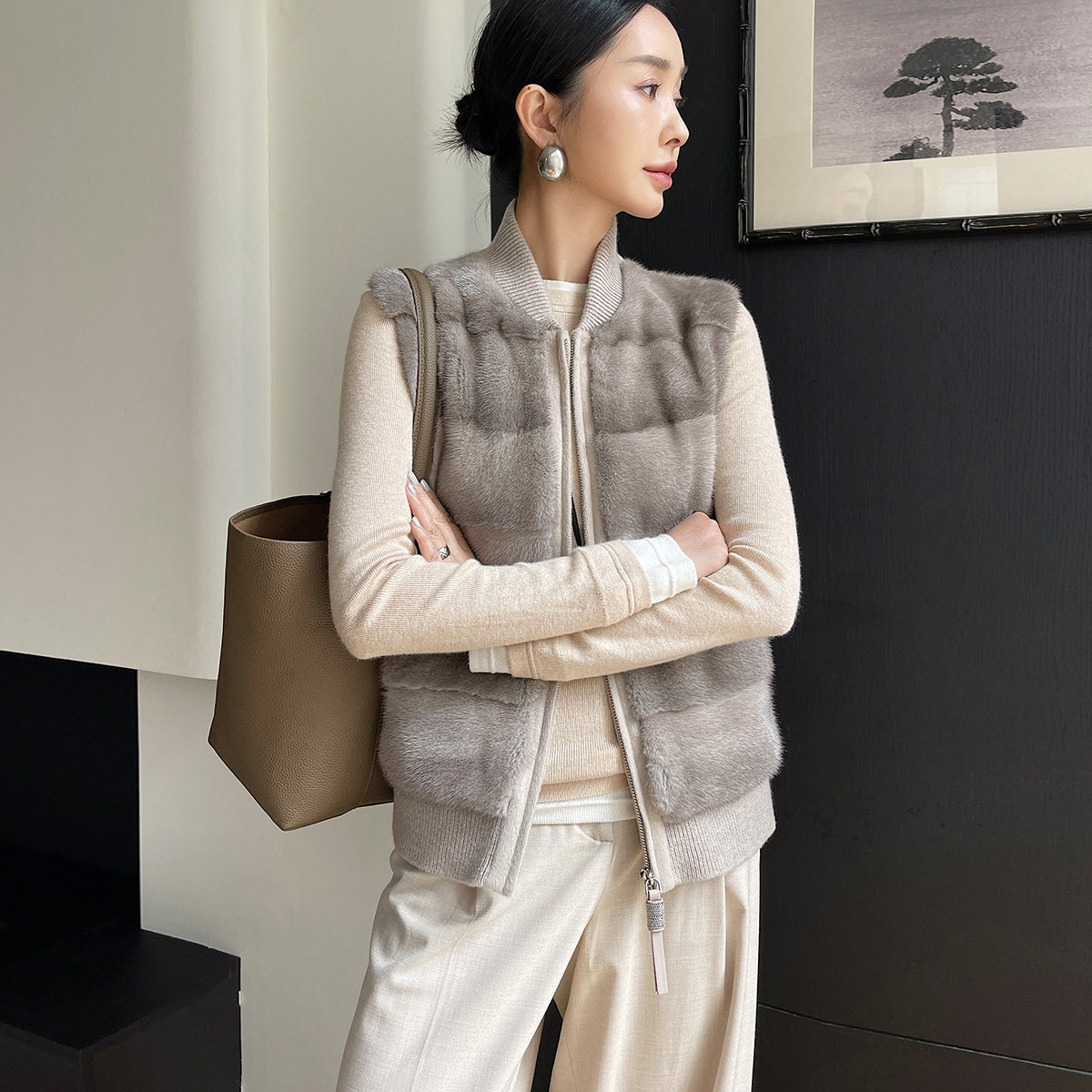 LP同老钱风秋冬马甲 进口水貂毛皮草拼双面羊绒毛呢外套女